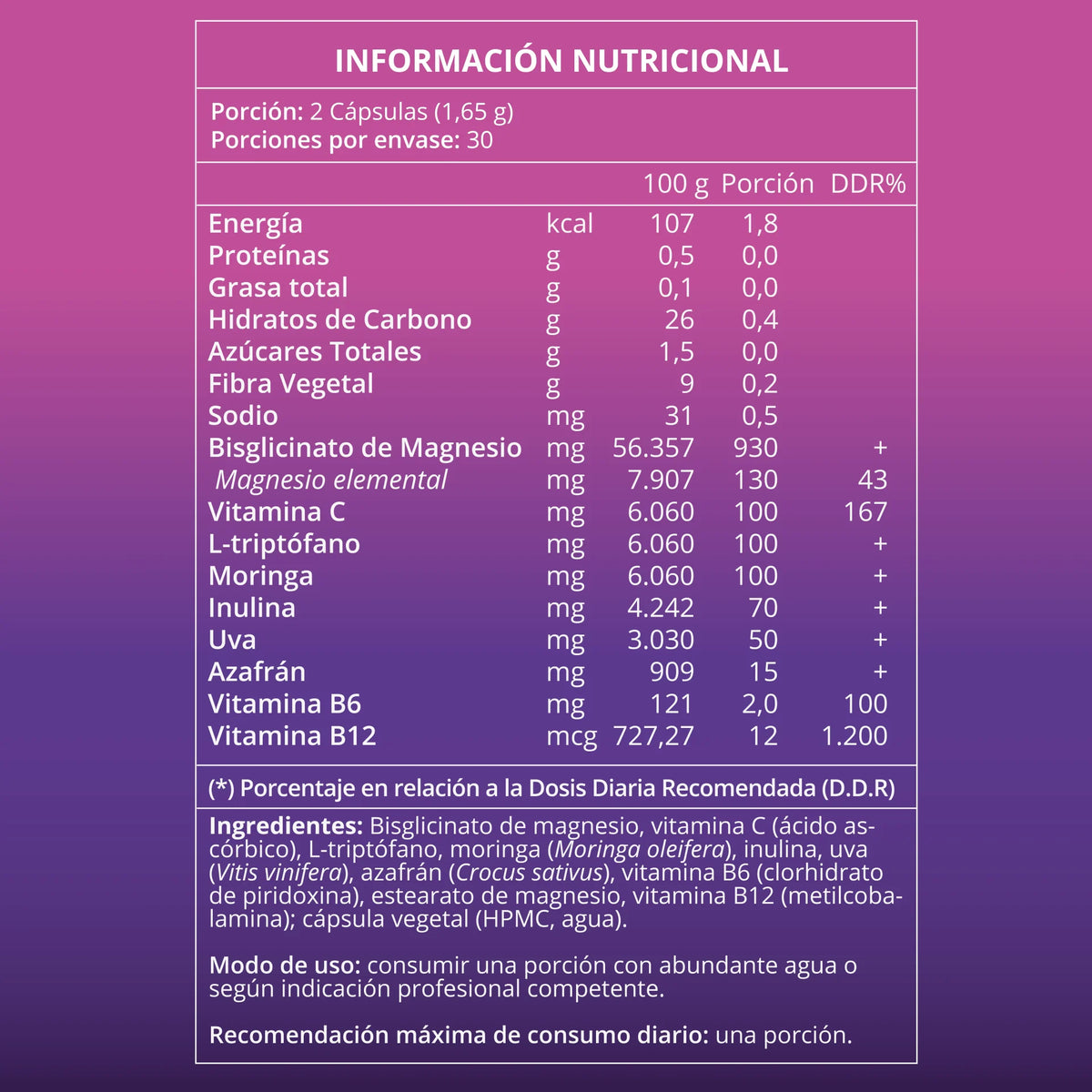 Tabla nutricional Flow Balance